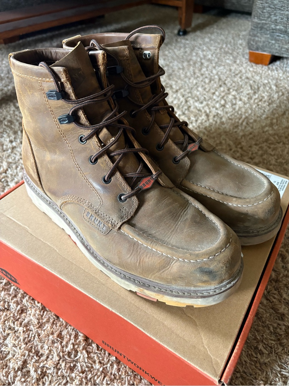 BRUNT Marin Unlined Soft Brown Leather Moc Toe Work Boots - Men's